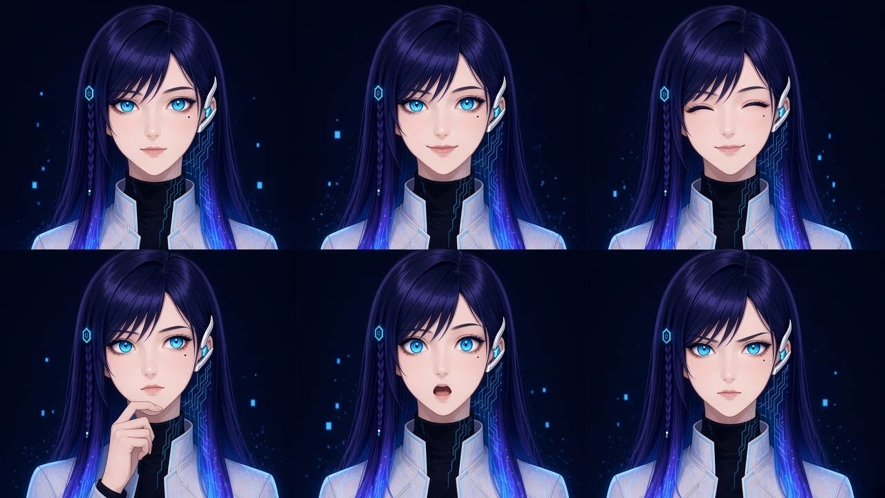 Six expressions of Octavia: neutral, smile, laugh, thinking, surprised and determined.