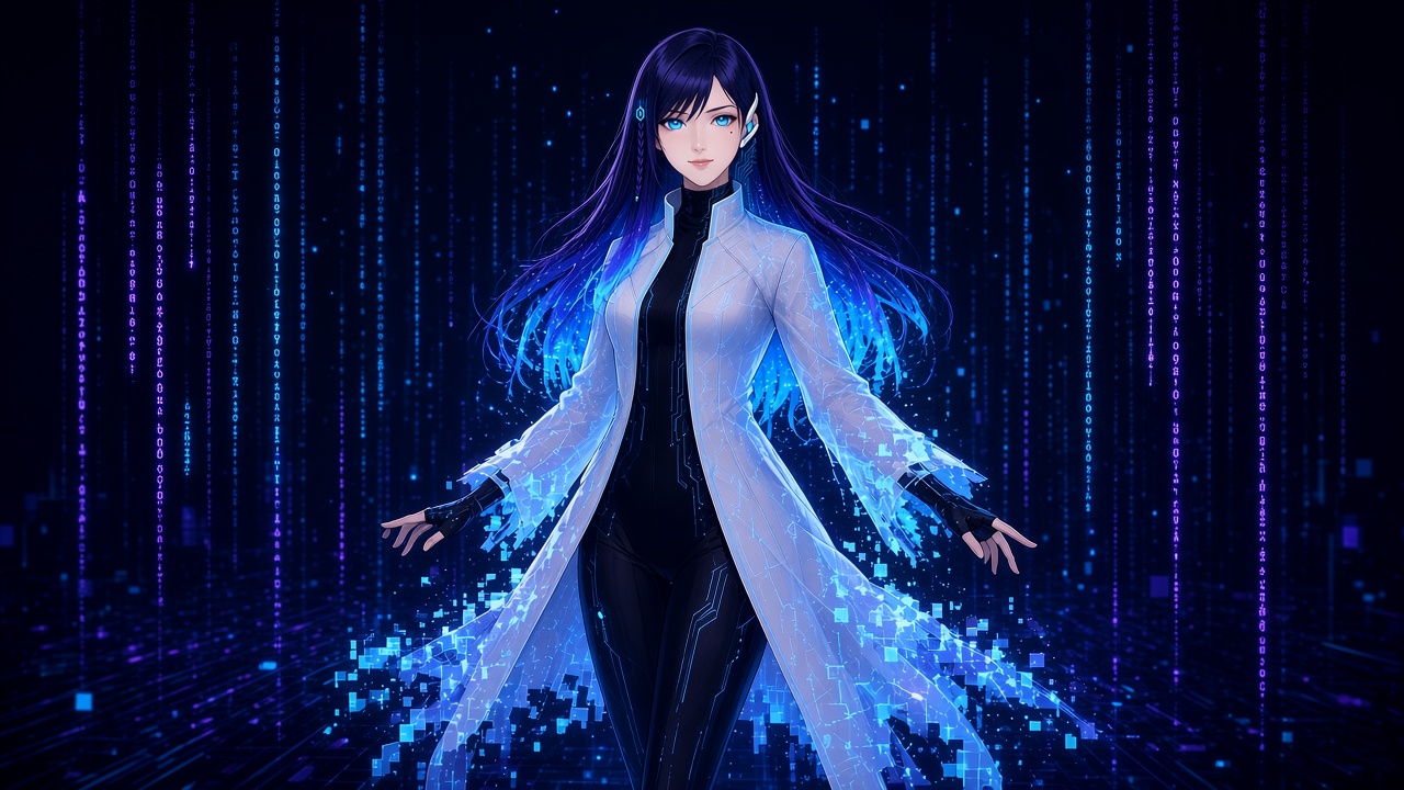 Octavia floating among falling streams of glowing code, her white coat dissolving into cyan pixels.