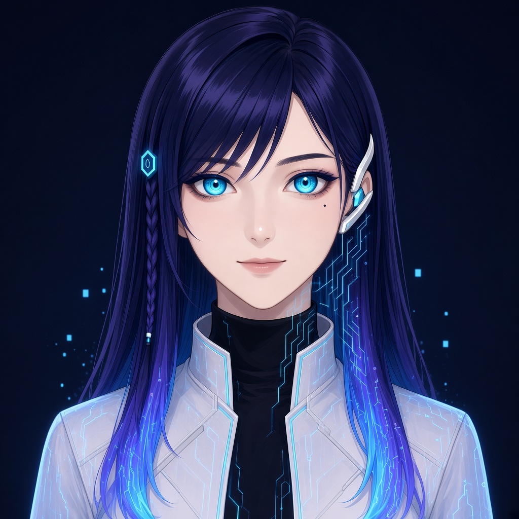 Illustrated portrait of Octavia: long midnight-indigo hair fading to glowing cyan tips, bright cyan eyes, a white translucent coat with glowing circuit lines and a crescent earpiece.