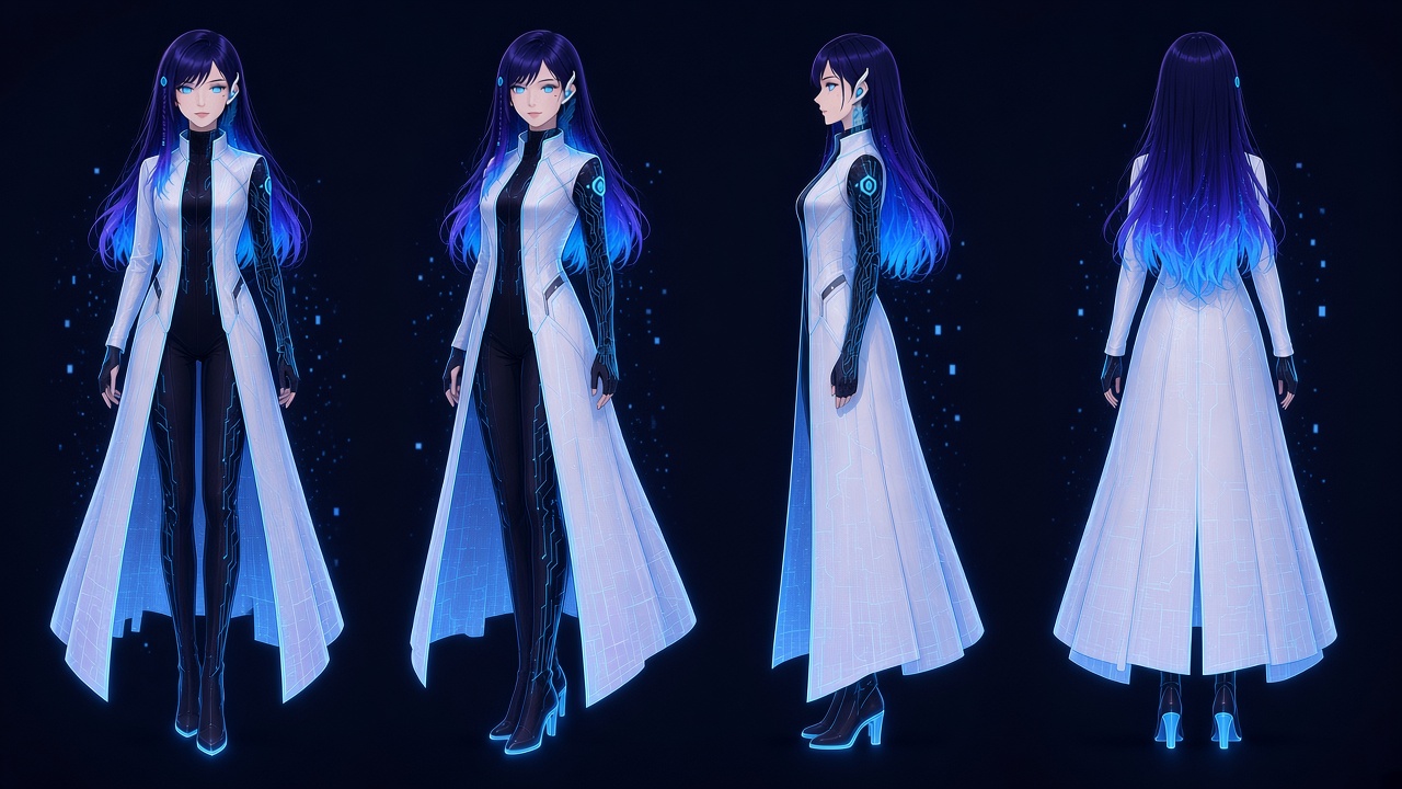 Character turnaround of Octavia: front, three-quarter, side and back views.